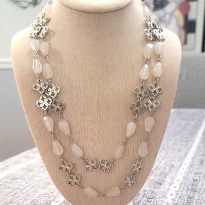 Silver Tone Beaded Necklace 18" 2 Strand Frosted Clear Iridescent Acrylic